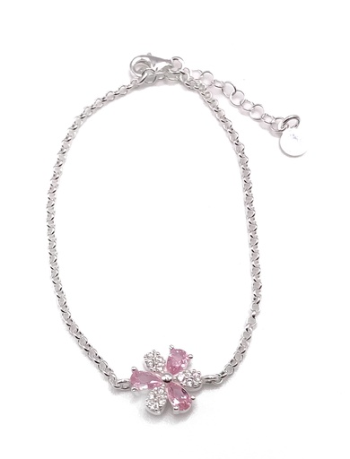 [B0114] Pulseras plata flor piedras rosadas y blancas