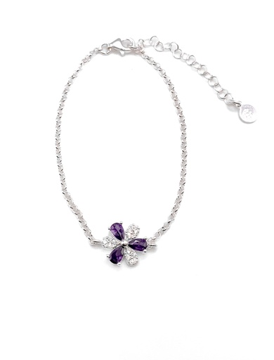 [B0116] Pulseras plata flor piedras moradas y blancas