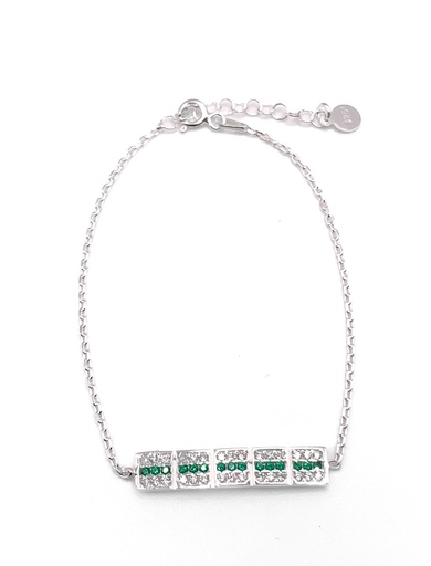 [B0120] Pulseras plata línea de rectángulos con enjoye en verde y blanco