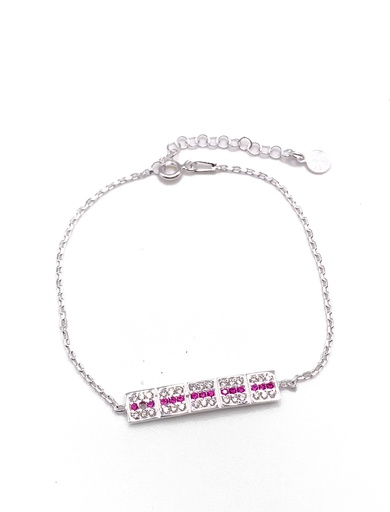 [B0125] Pulseras plata línea de rectángulos con enjoye en fucsia y blanco