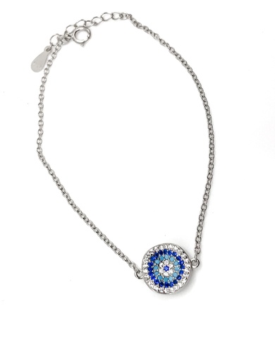 [B0144] Pulseras plata plato pequeño ojo turco mircropave piedras celestes, azules y blancas