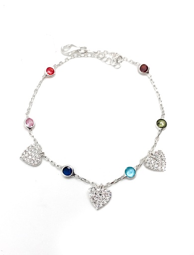 [B0156] Pulseras plata corazones colgantes con circones multicolores