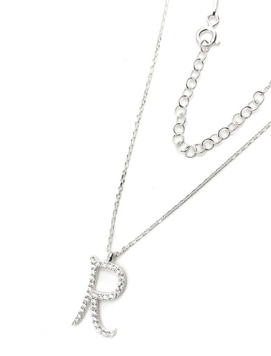 [N0068] Collares plata inicial R mediana con enjoye blanco